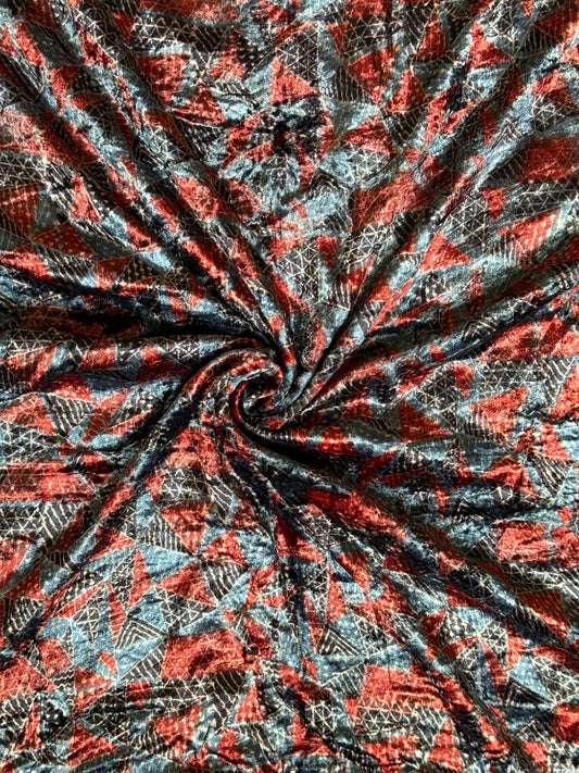 Indigo maroon black triangles design ajrakh hand block prints on velvet fabric