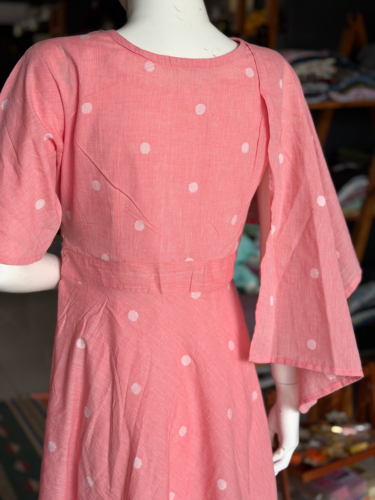 Peach Jamdani soft handloom cotton umbrella dress with attached pleated stole