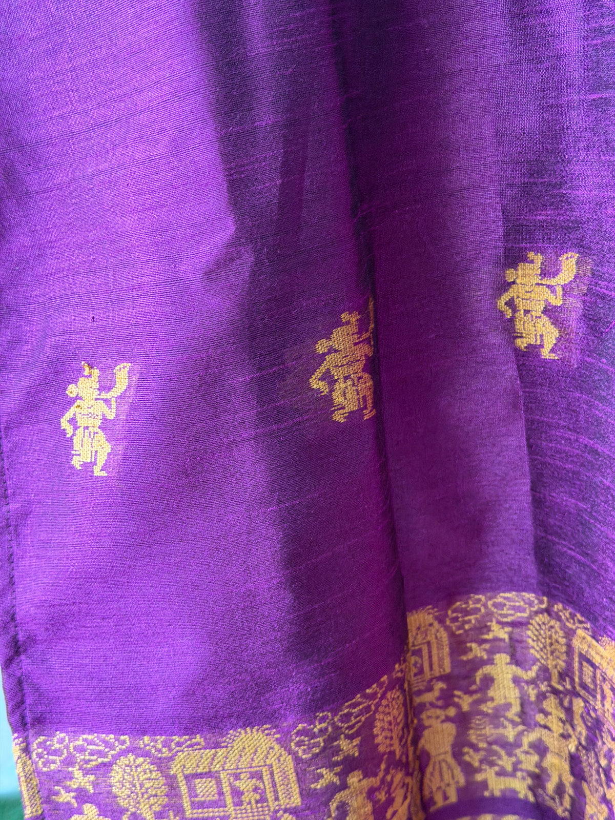 Purple hand woven raw silk kurti with tribal motifs for girls