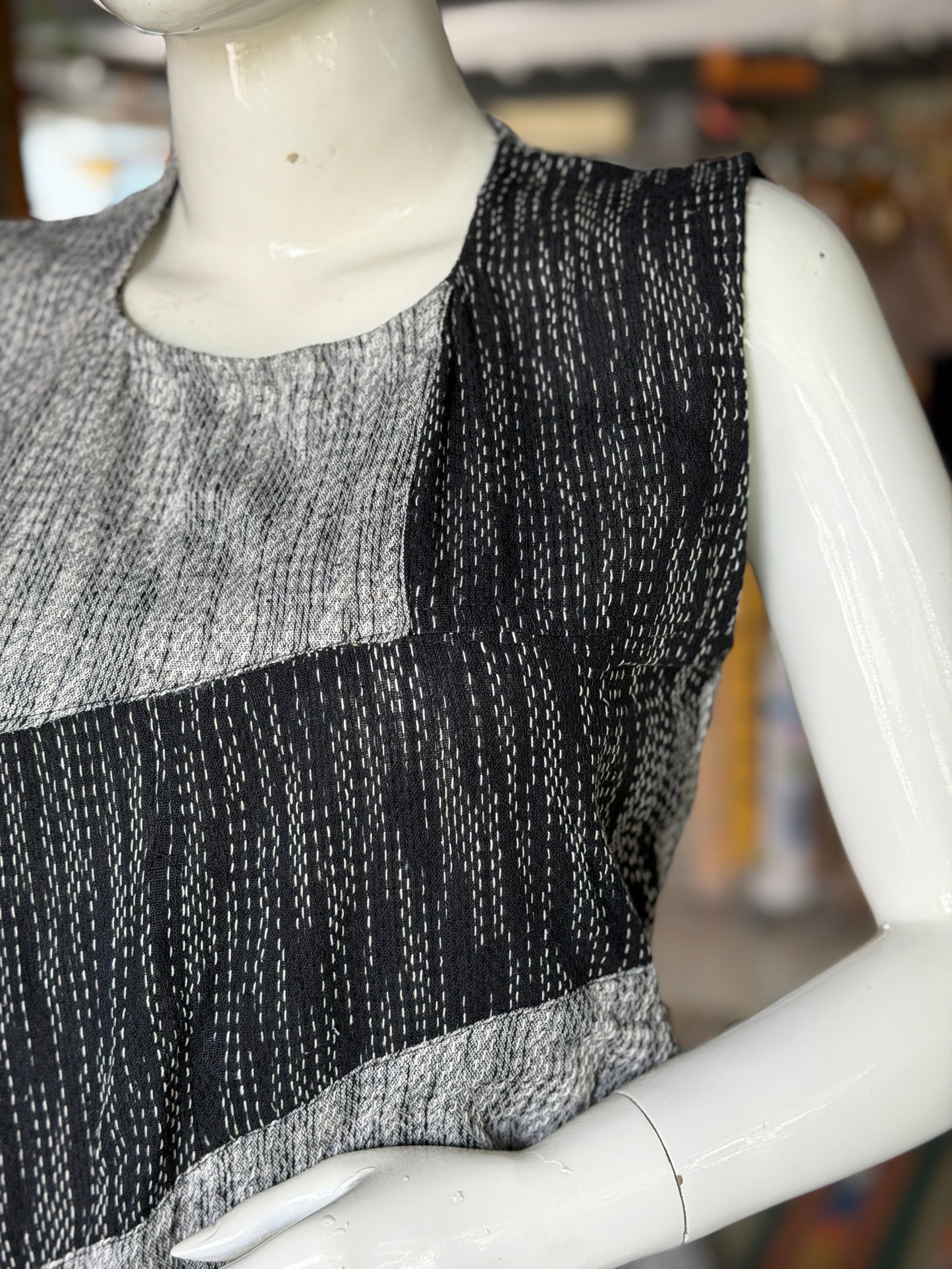 Grey n black - hand spun, handwoven cotton top with woven thread kantha