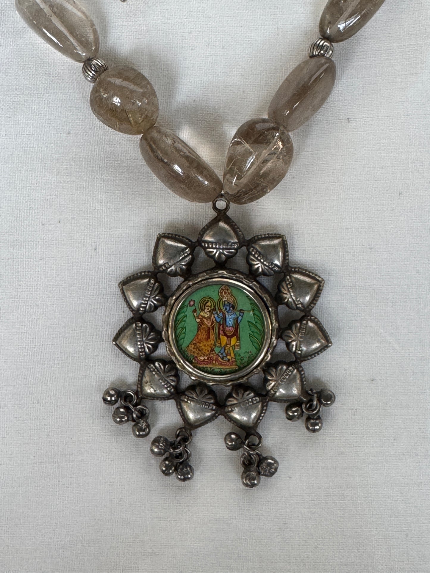 Radha Krishna pendant with natural stones neckpiece earrings set
