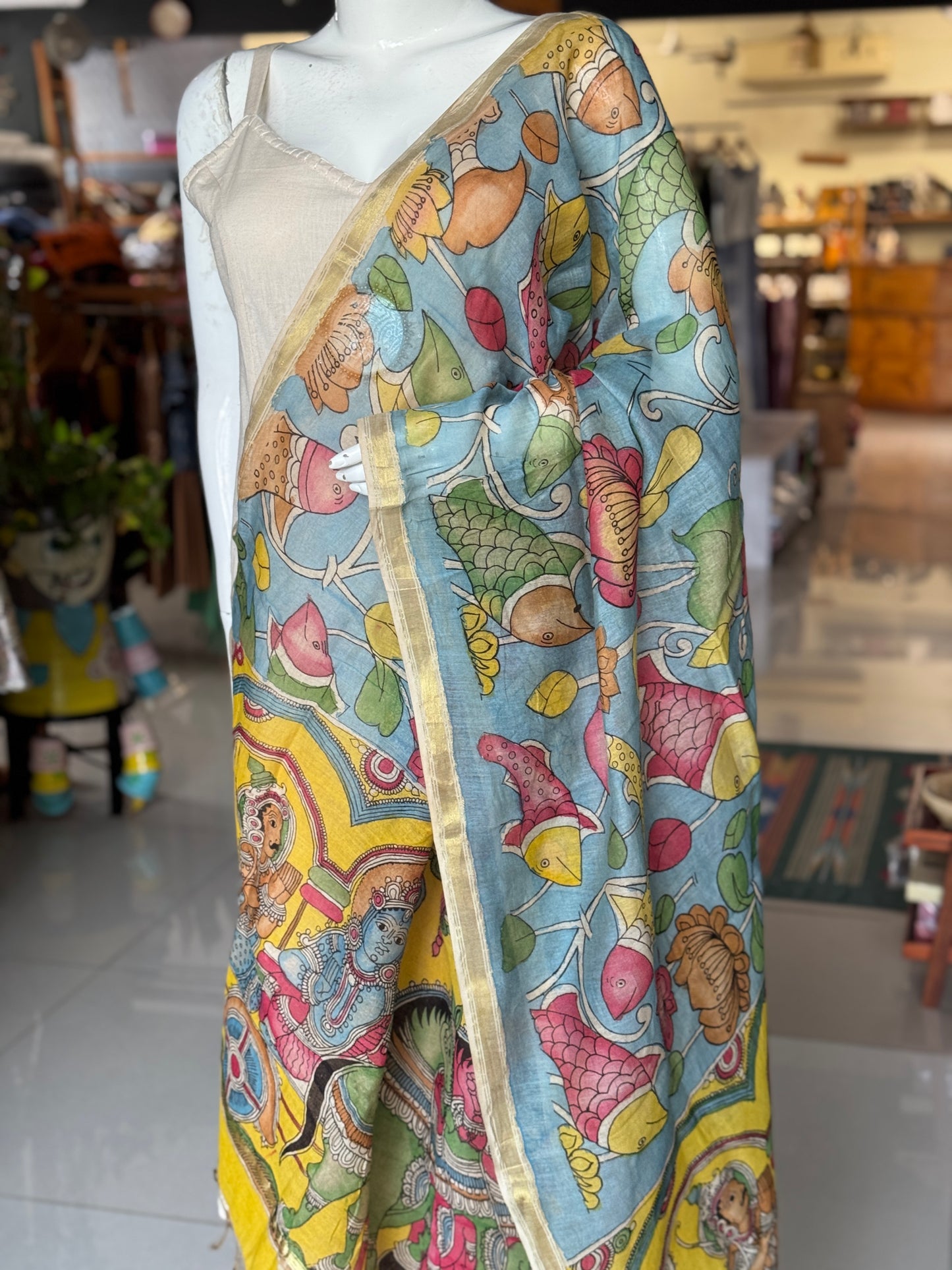 Silk cotton Chanderi hand painted pen Kalamkari dupatta