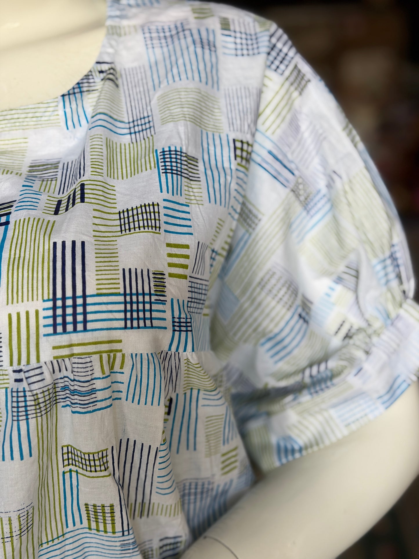White hand block printed cotton top with blue green lines - pleated yoke and elastic hem