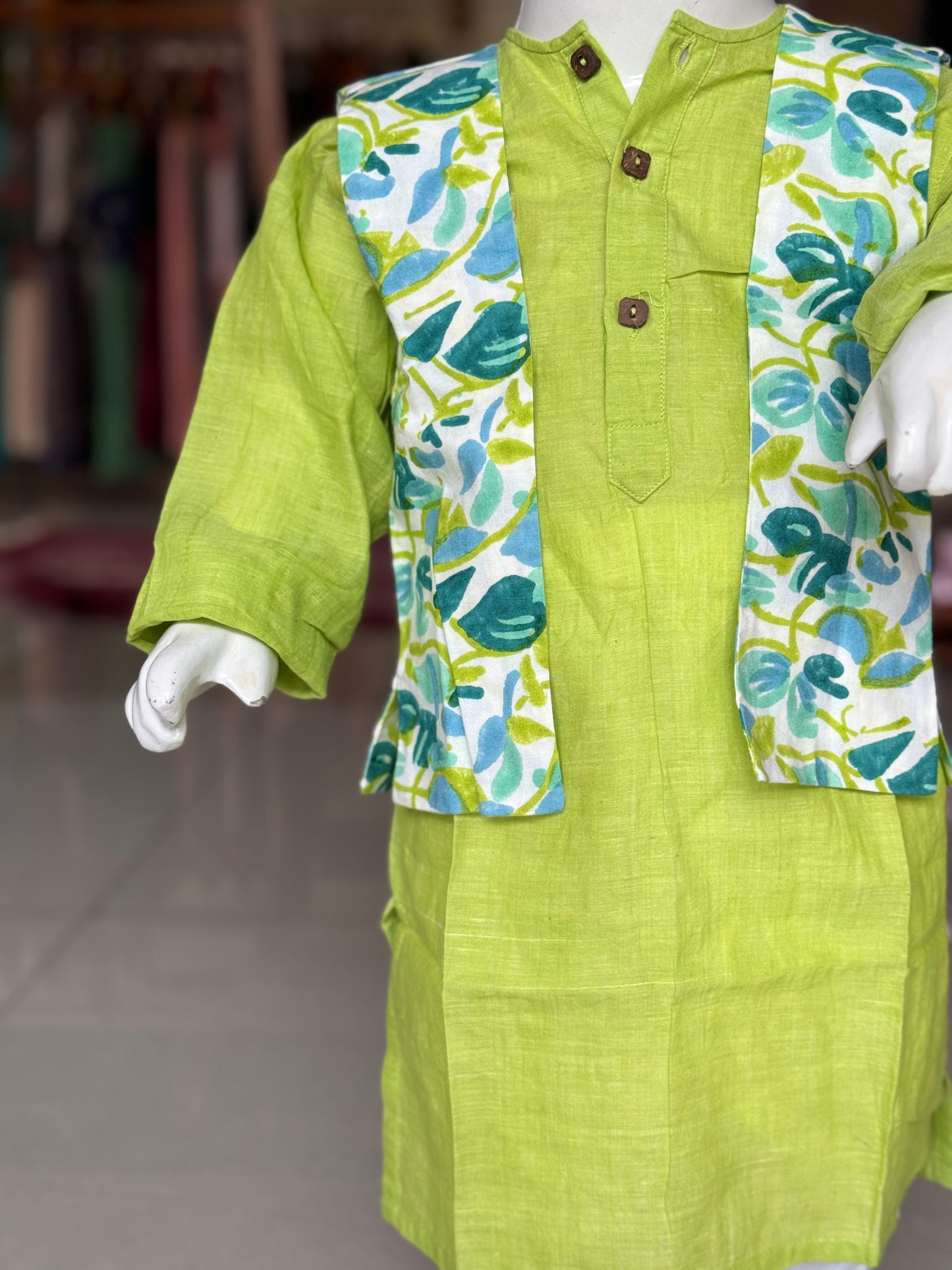 Green cotton kurta, white pyjama pants and hand block printed jacket - 3 piece cotton ethnic set for boys