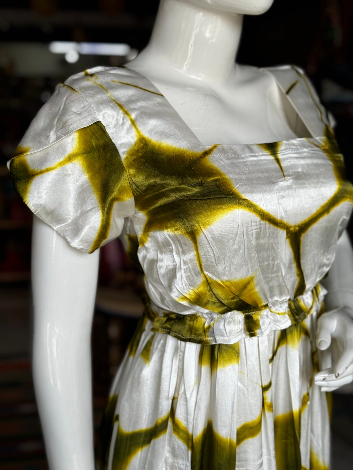 White and green clamp dyed soft and flowy modal dress