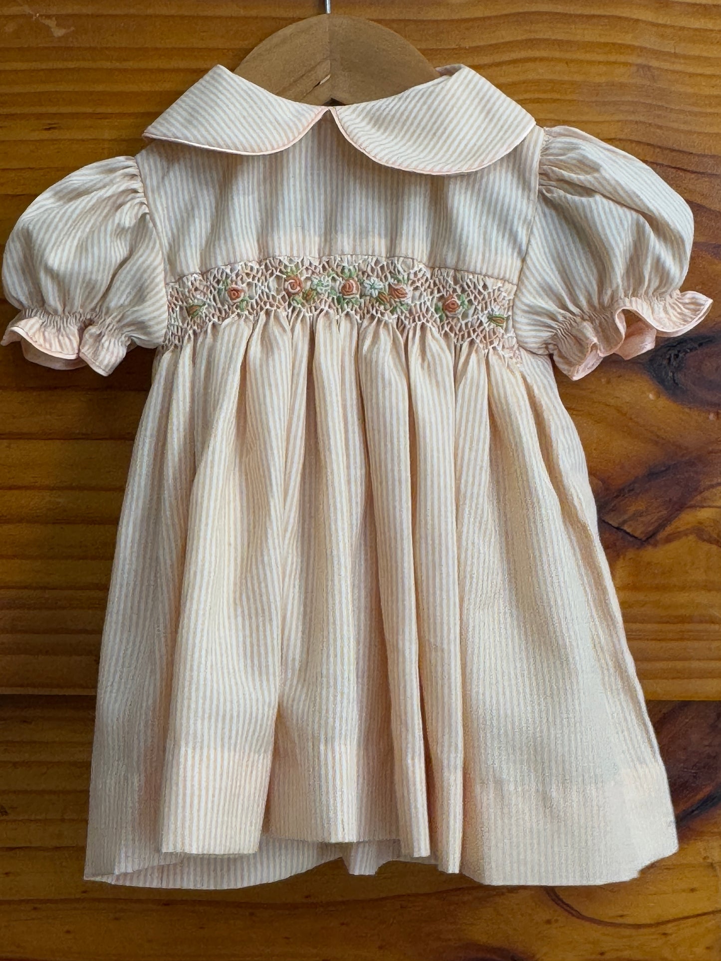 Peach stripes smocking cotton frock with hand embroidery