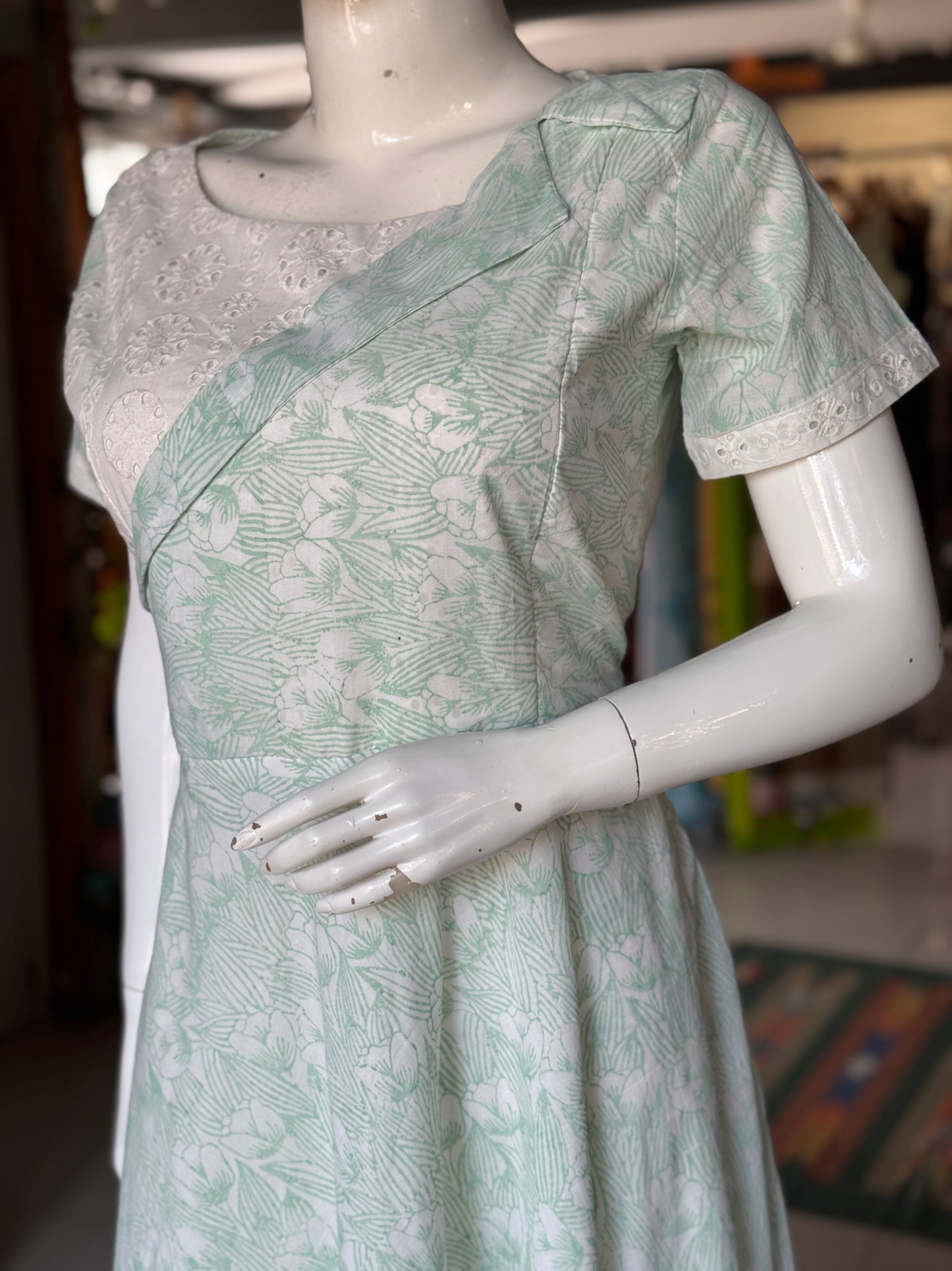 Light green floral hand block printed cotton dress with hakoba yoke