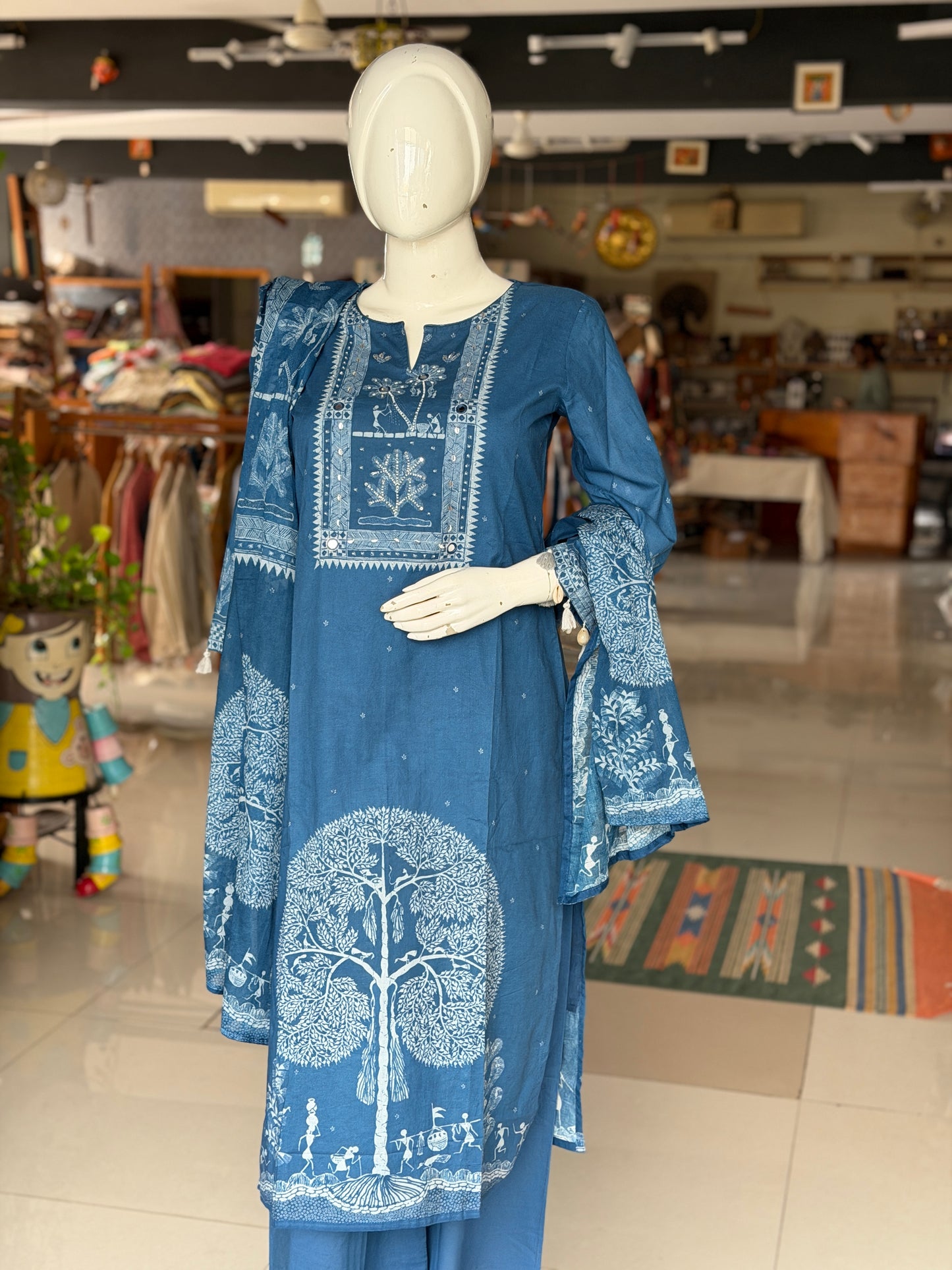 Blue mirror work, tree print straight kurti, pants and dupatta - 3 piece set