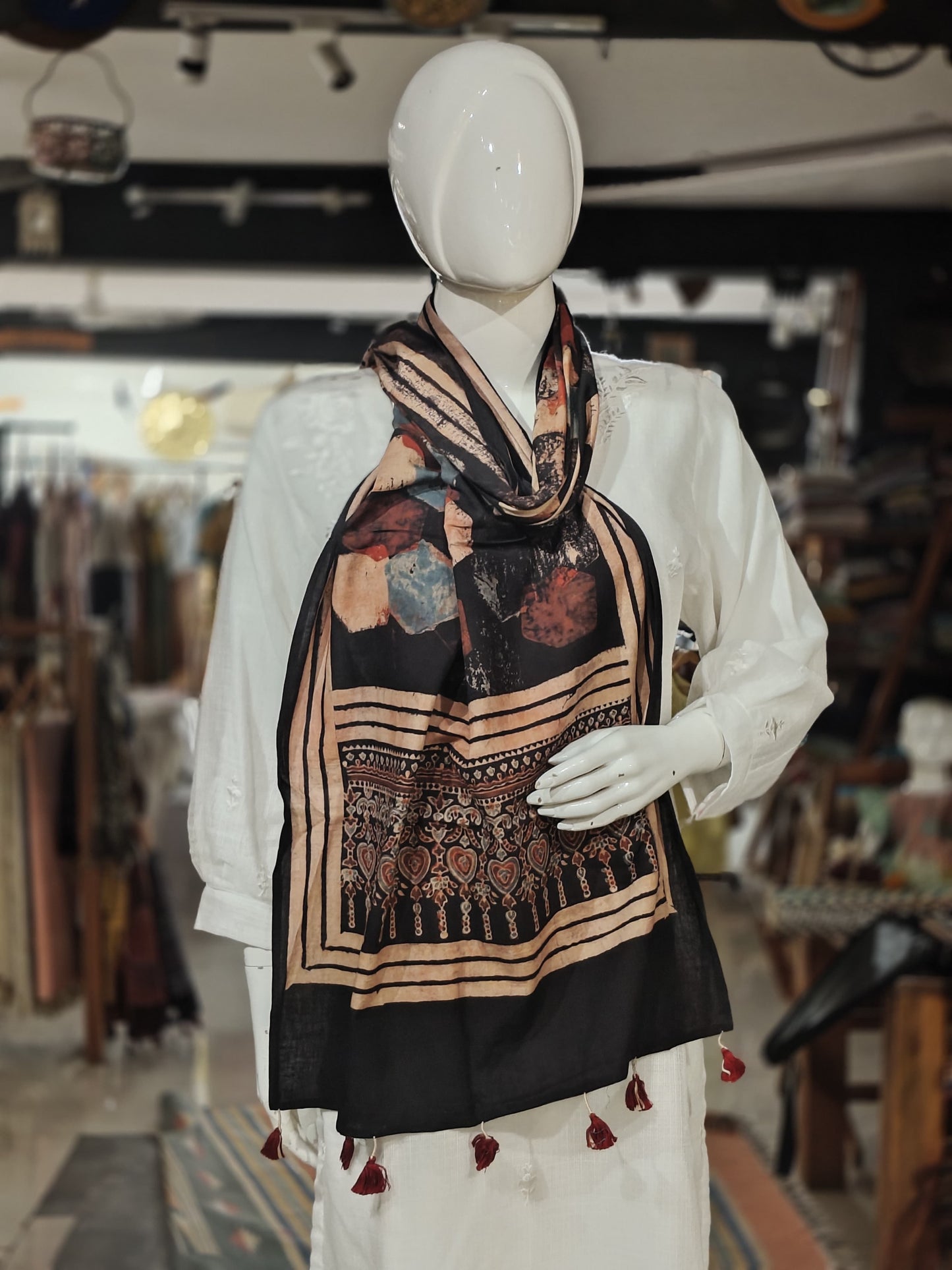 Ajrakh cotton stole - hand block geometric prints