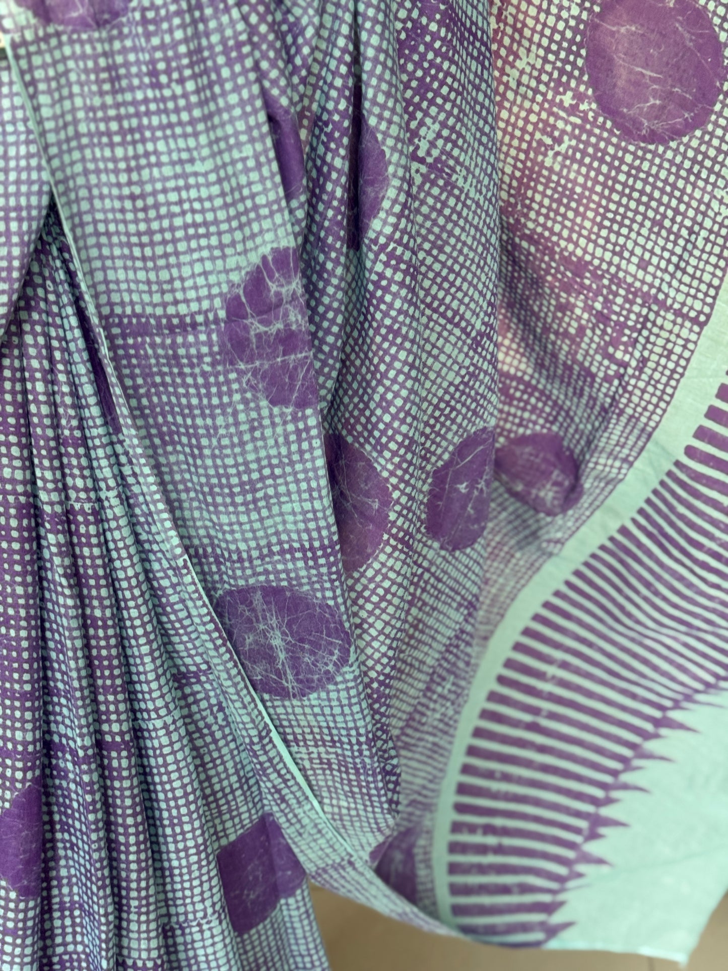 Lavender checks and circles hand Batik soft cotton saree
