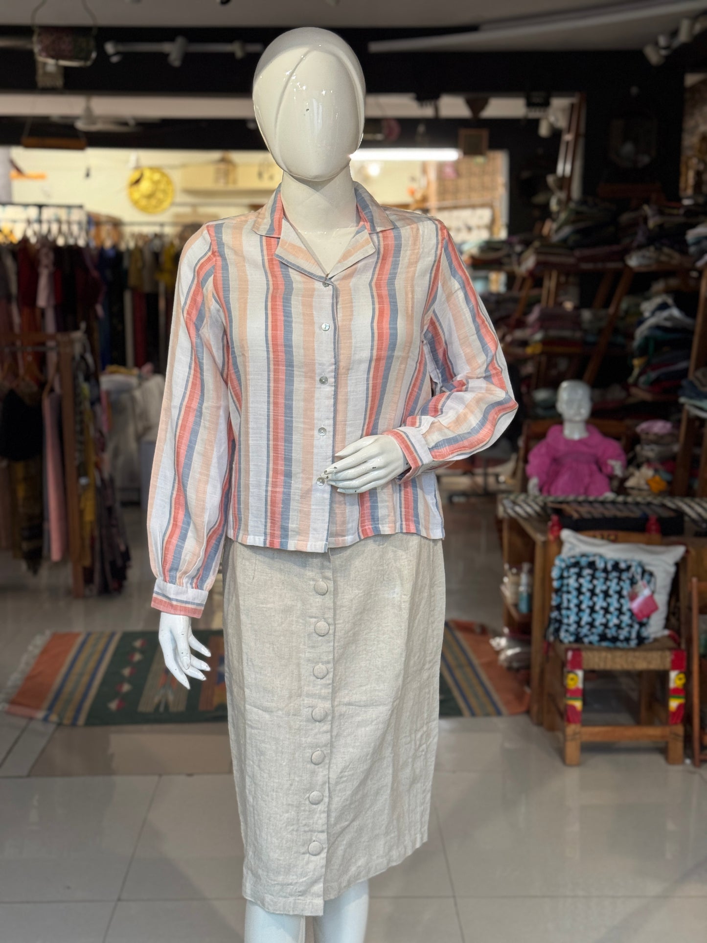 White peach pink stripes soft cotton shirt for women