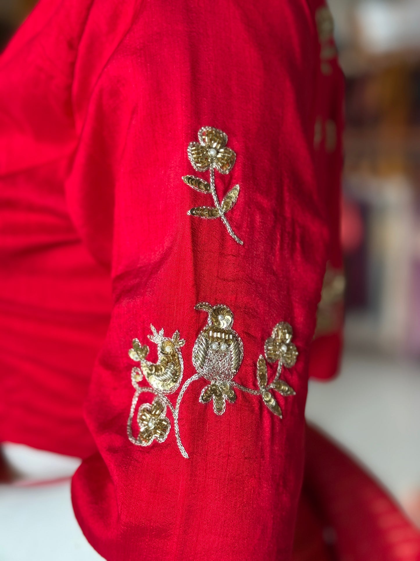 Birds and flowers hand embroidered on back and sleeves red silk blouse