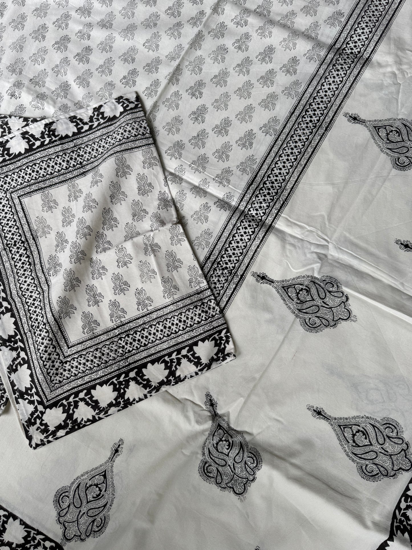 Black and white fine brass hand block prints on white base - pure cotton super king 108 x 108 inches size bedsheet - multiple designs available
