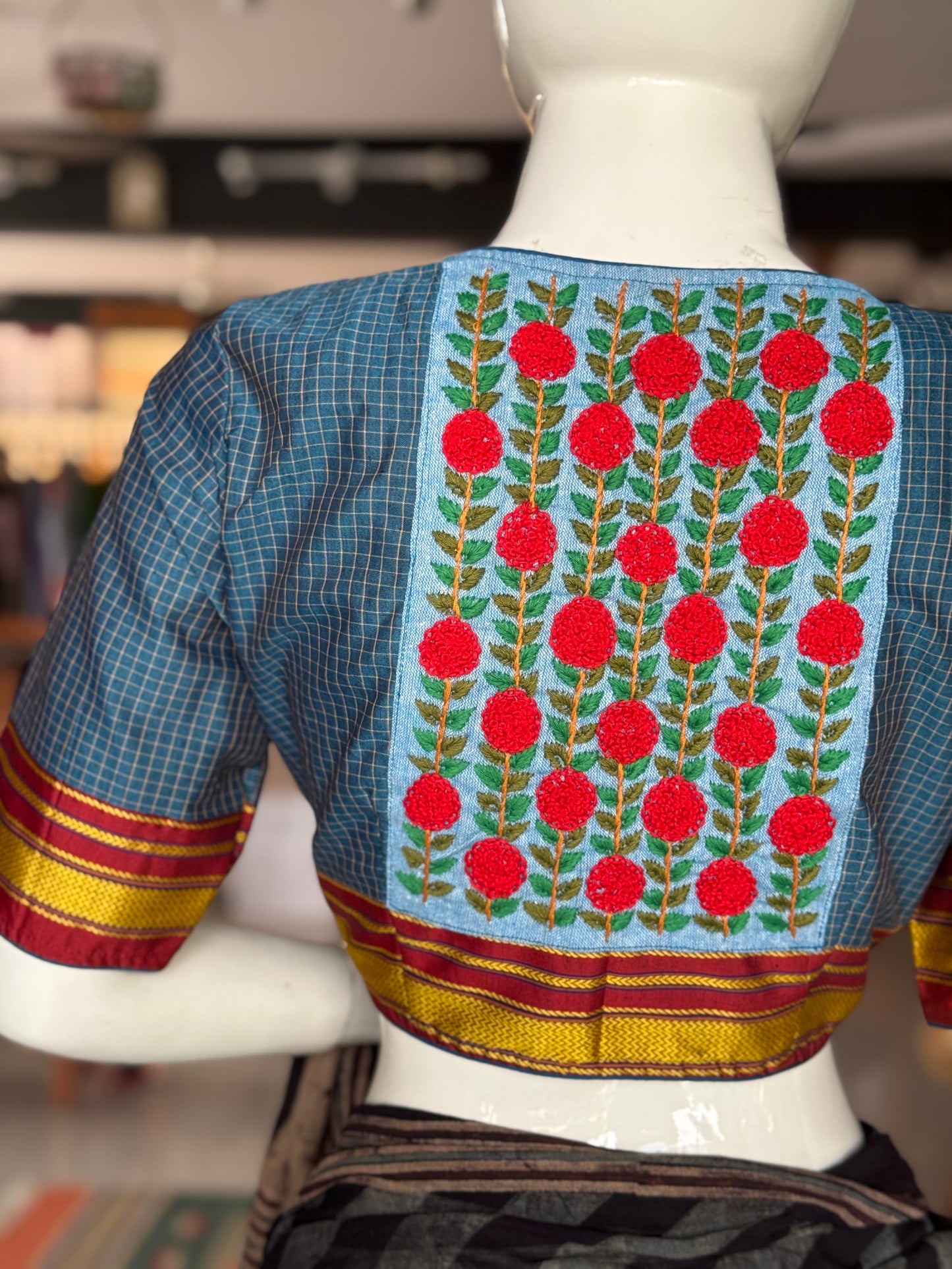 Teal checkered cotton hand embroidered blouse with borders