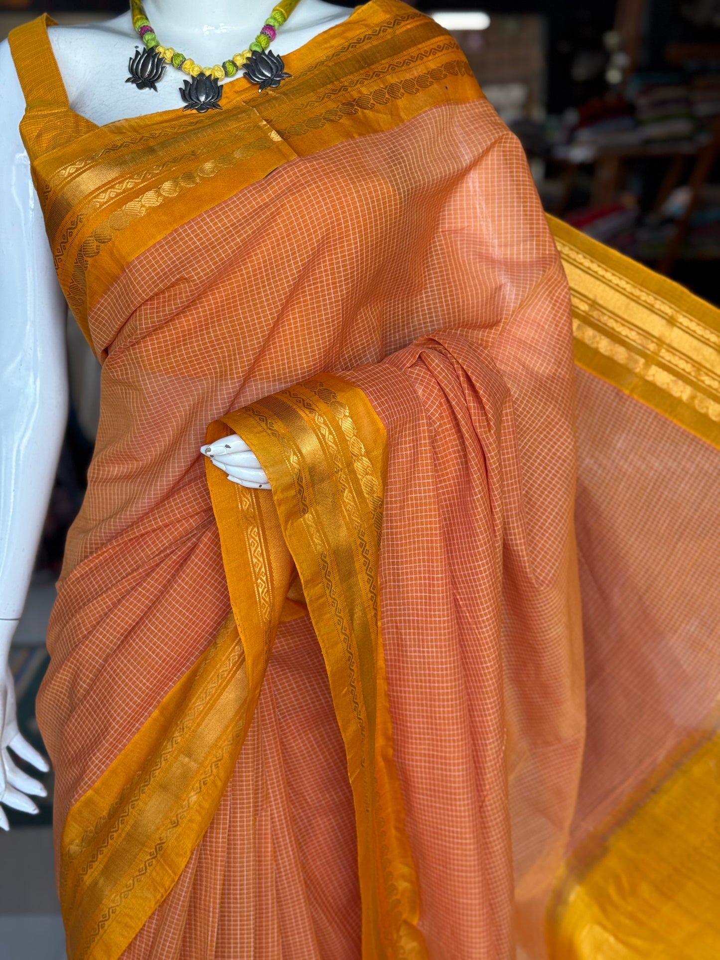 Kanakambar peach checks body with yellow border - handwoven Gadwal cotton saree with silk Pallu and borders