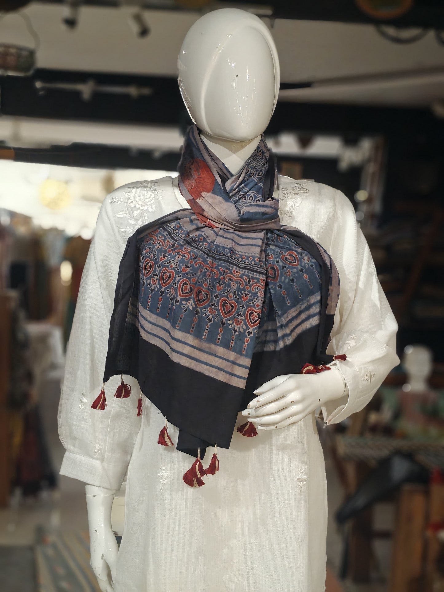 Ajrakh cotton stole - hand block geometric prints