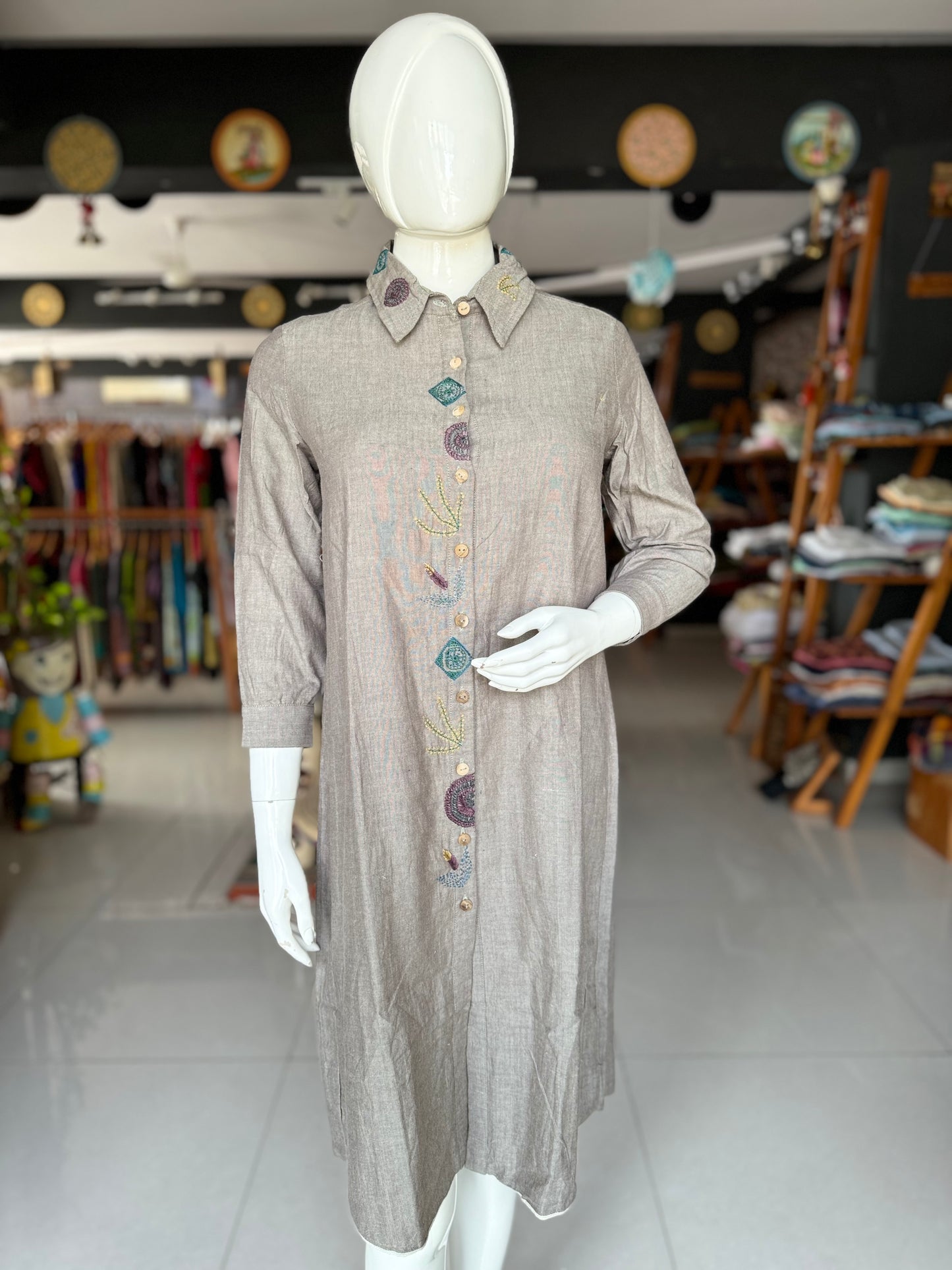 Grey cotton hand embroidered shirt dress