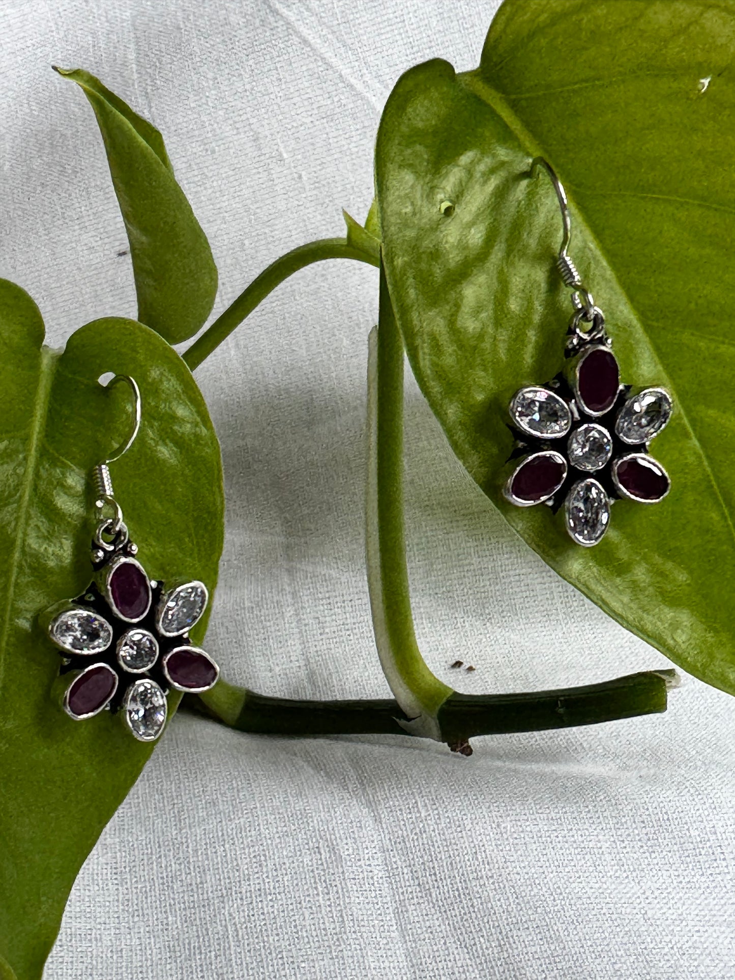 White and pink stones flower drop 92.5 Sterling silver hooks earrings