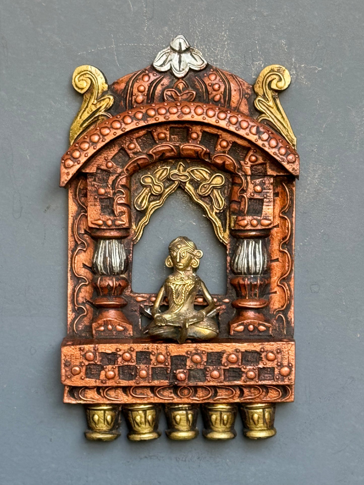 Copper, gold and silver tones Jharokha in wood - hand crafted wall decor