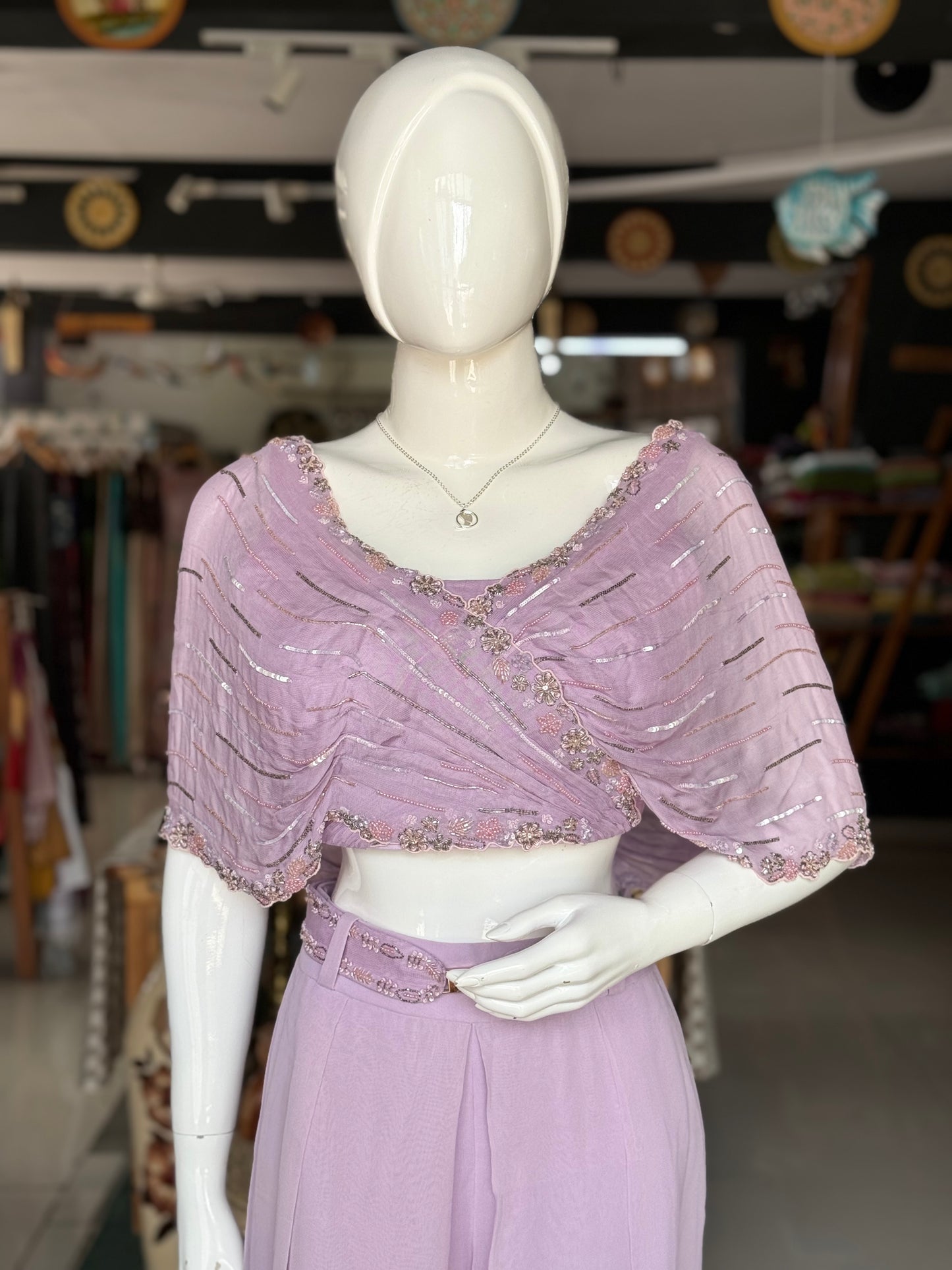Lavender hand embroidered georgette crop top, plazo set with a beautiful belt