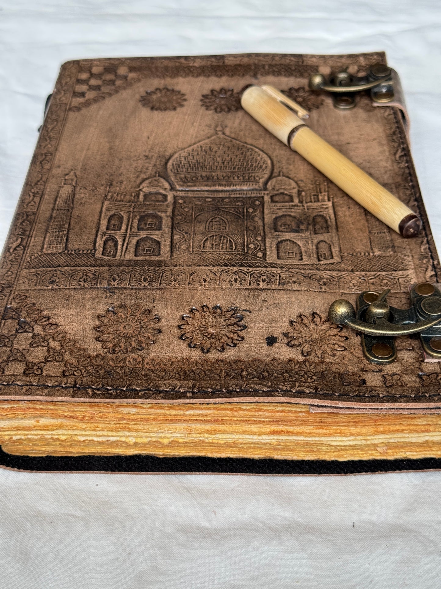 Deckle edged Leather embossed handcrafted notebook with thick handmade papers - 10 x 7 in