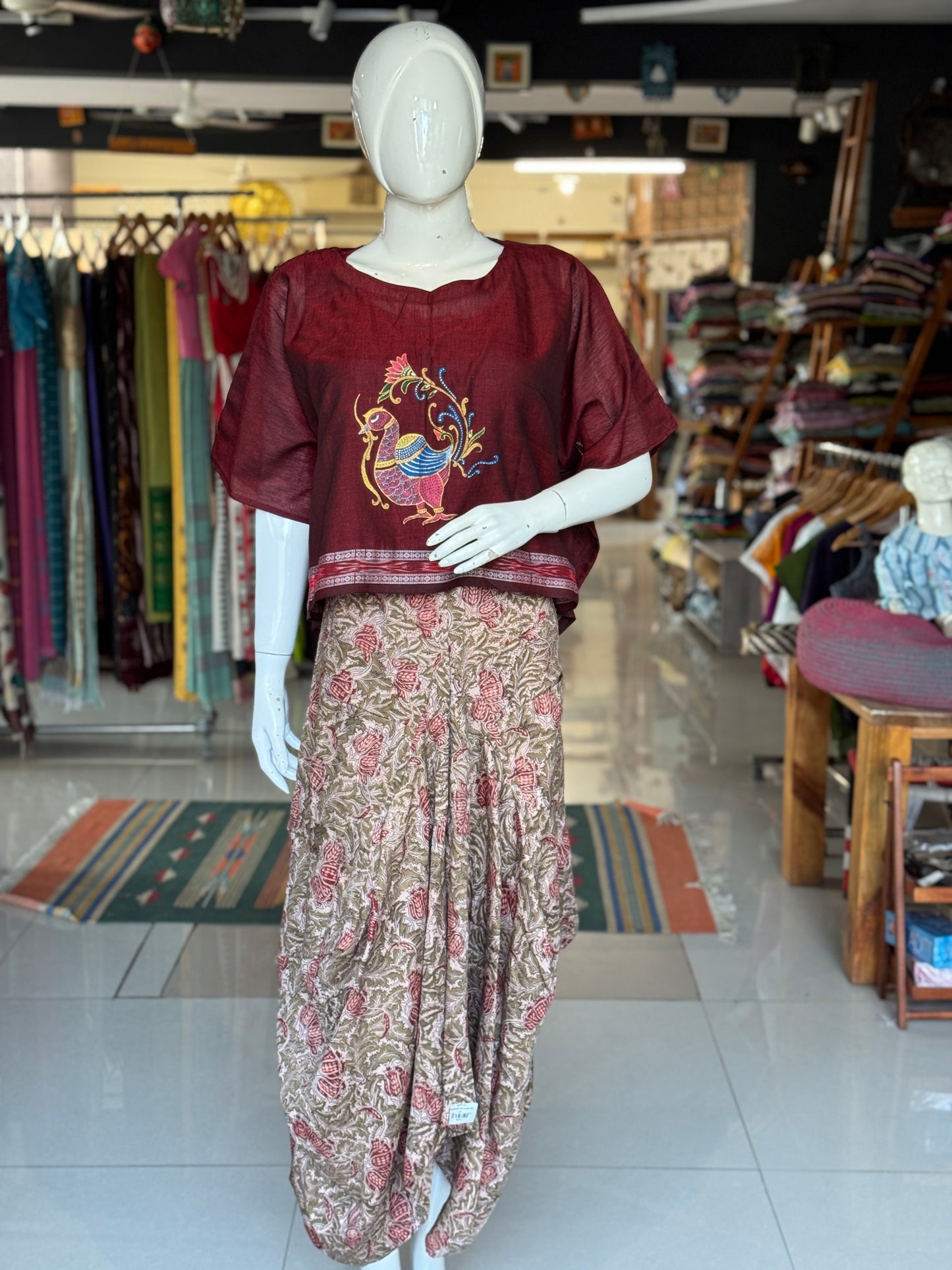 Maroon hand painted handwoven cotton kaftan top