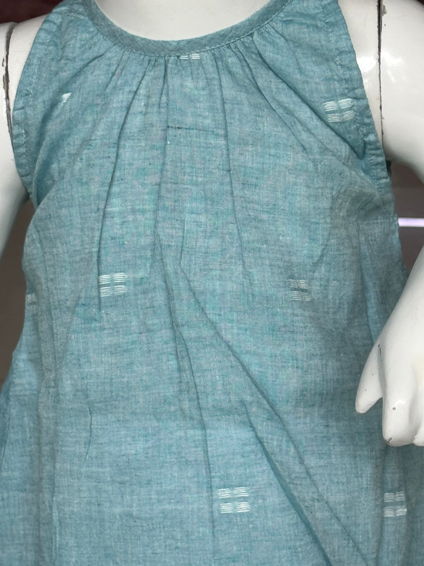 Light blue jamdani hand woven cotton top with white scallop pants - 2 piece set