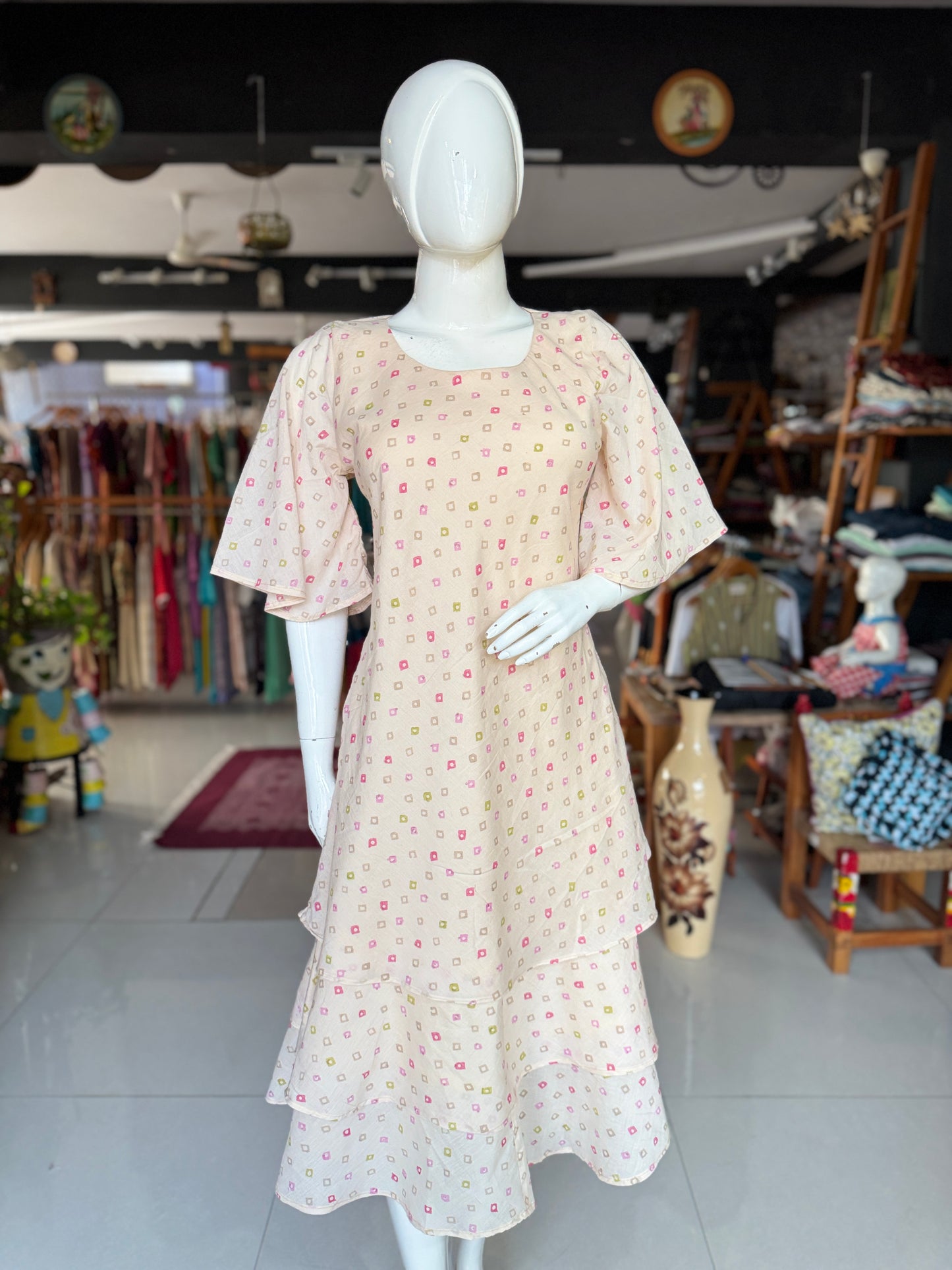 Cream diamond handblock print soft mul cotton layered umbrella dress with lining