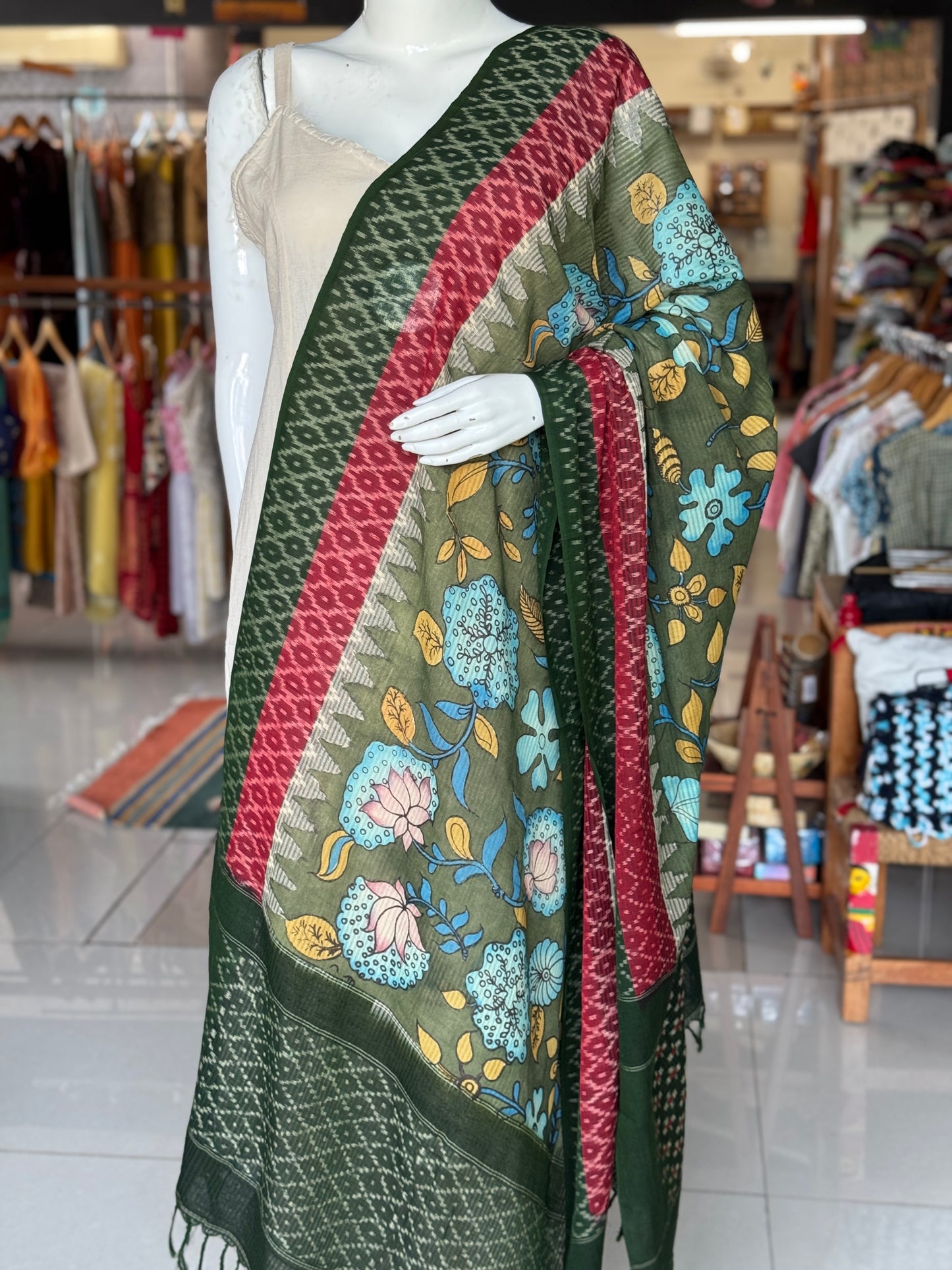 Ikat handloom + Pen Kalamkari hand painted cotton dupatta - 2 beautiful crafts in one dupatta - multiple designs available