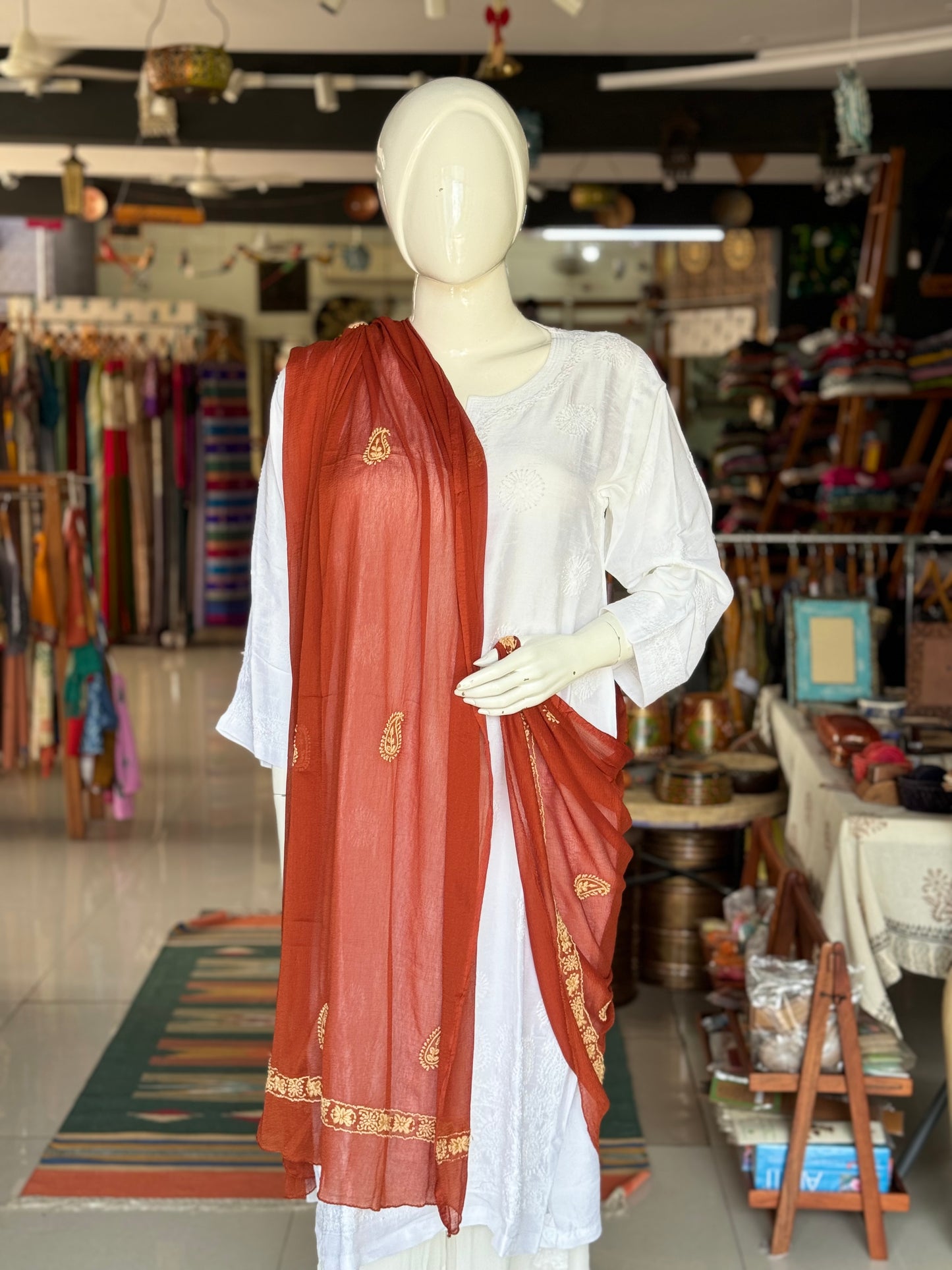 Chikankari hand embroidered semi chiffon dupatta