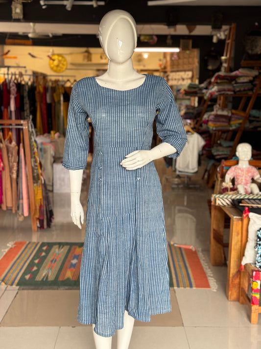 Indigo blue natural dyed, handwoven cotton dress with buttons and pleats detailing