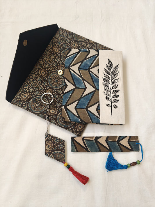 Handmade paper notebook with eco leaf printed fabric cover, hand crafted bookmark, key ring / charm and a container pouch set