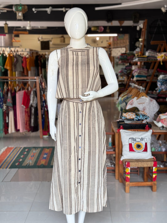 Grey stripes hand block printed cotton coord set with sleeveless crop top and skirt with front buttons detailing