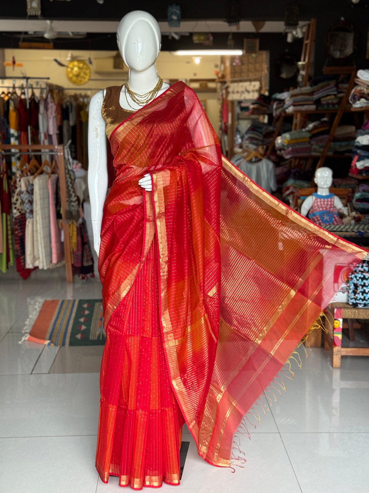 Red n orange all over stripes silk cotton Maheshwari handloom saree