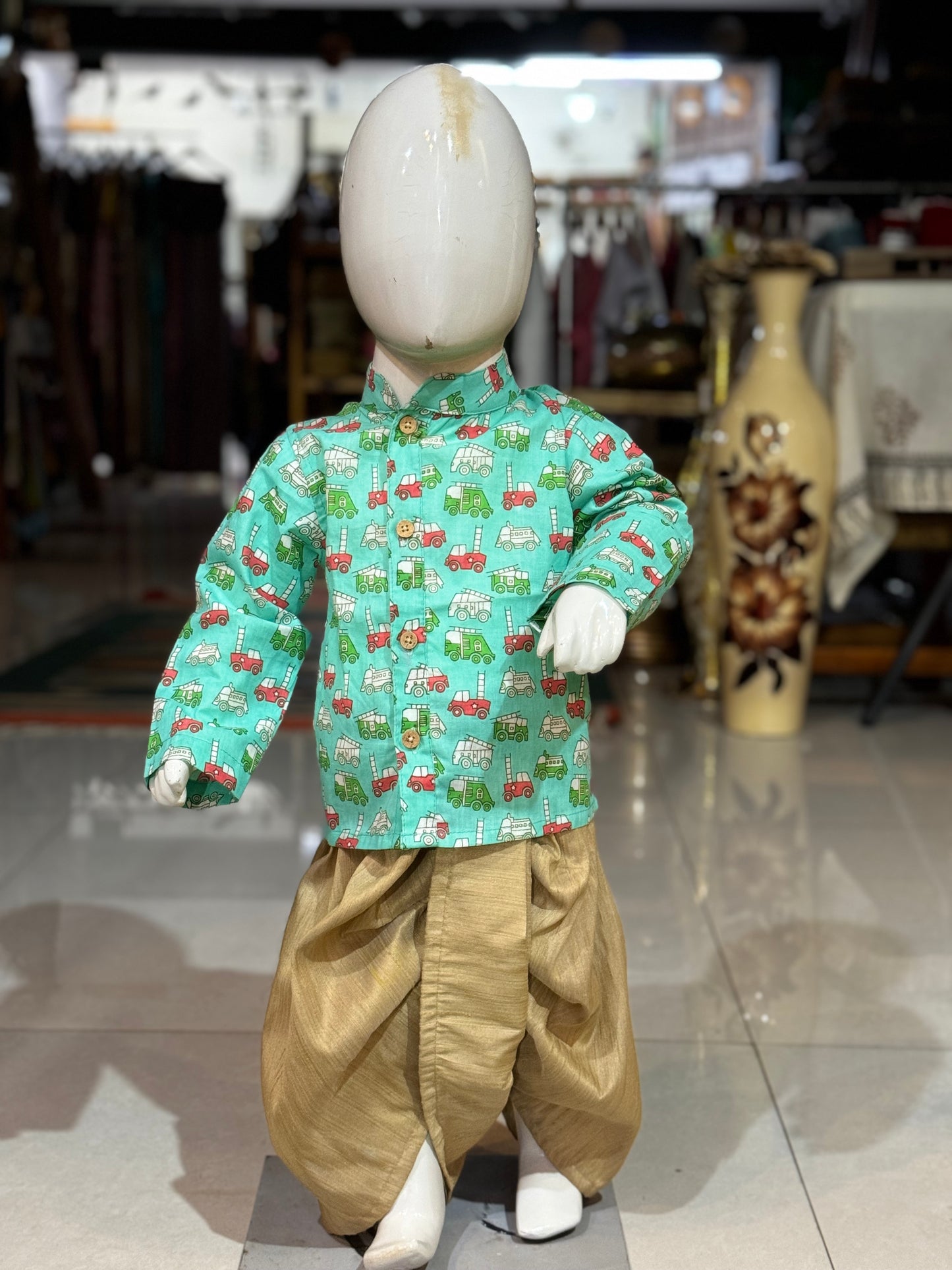 Transport vehicles print cotton full sleeves kurta with asymmetric placket kurta for boys