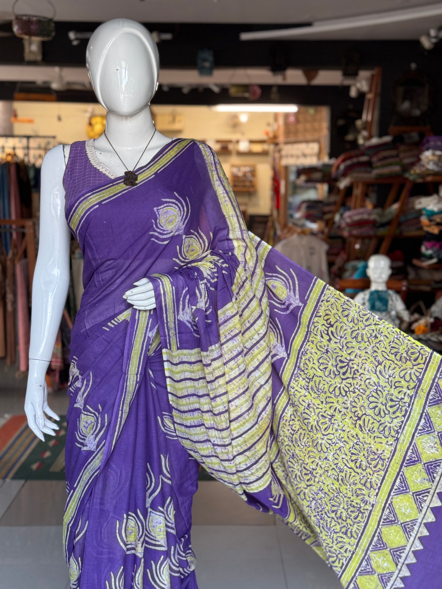 Violet peacock feather design Batik soft cotton saree