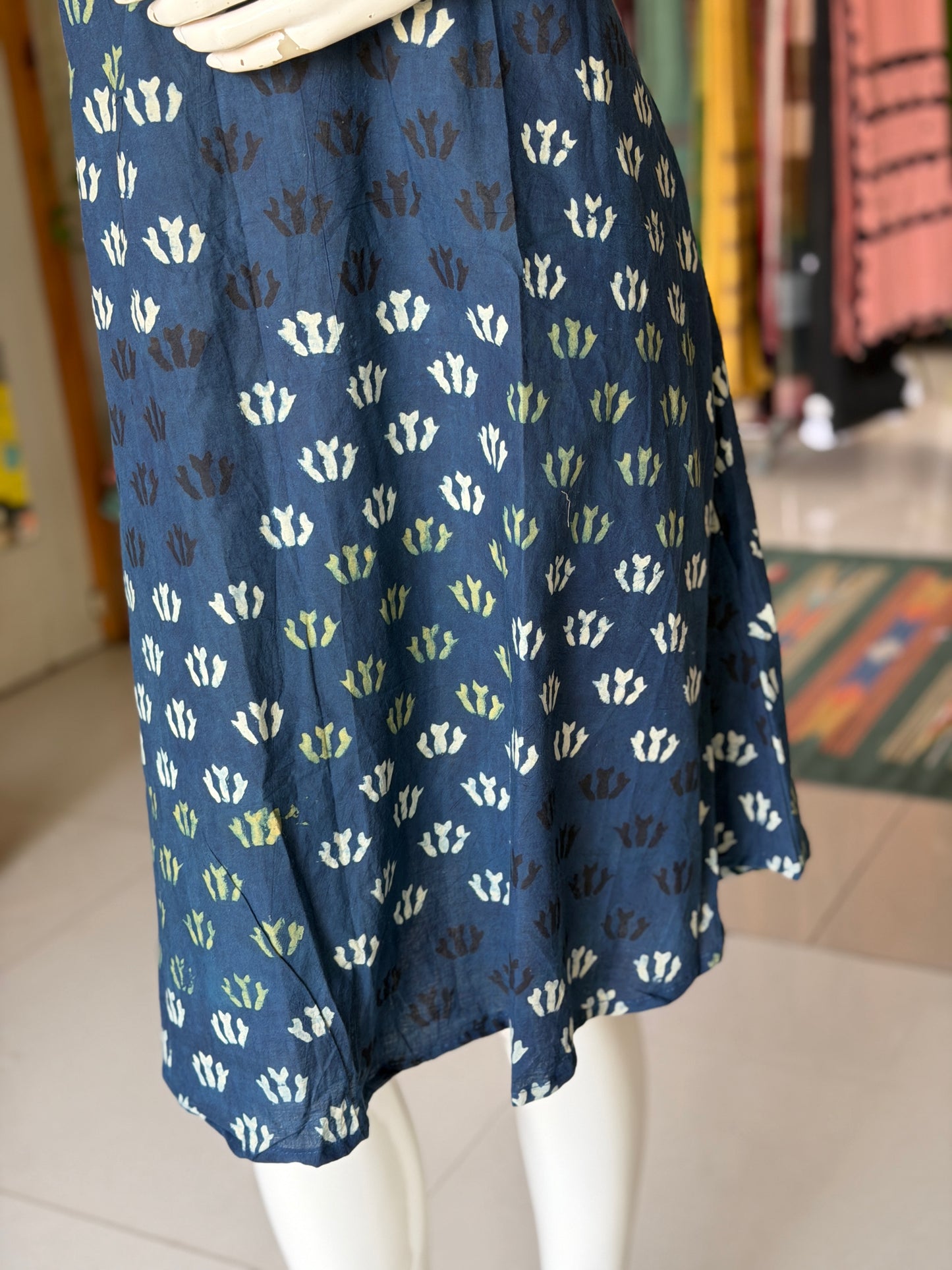 V-neck A-line hand block printed cotton sleeveless dress / Kurti