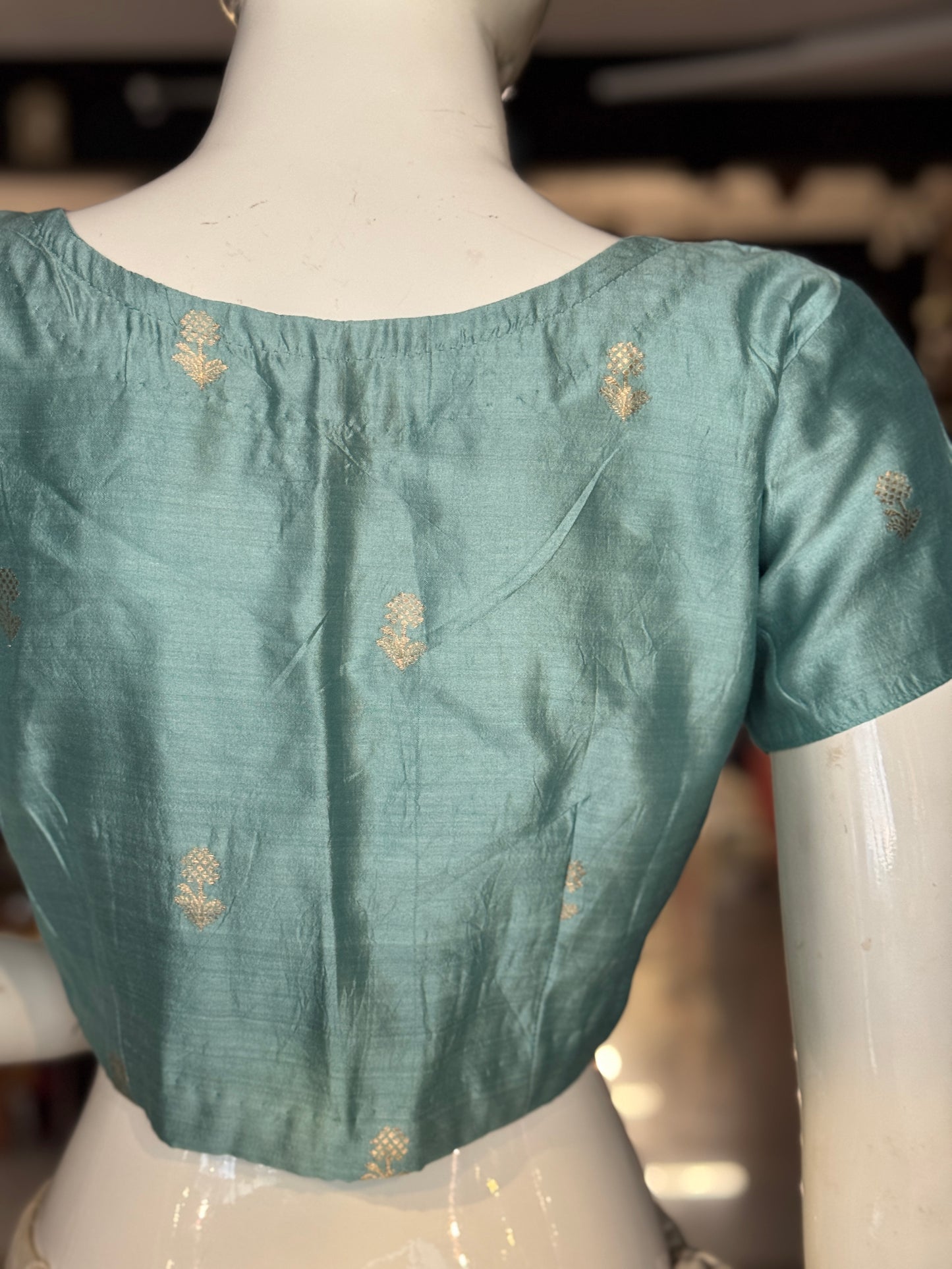 Pastel blue hand woven pure silk blouse with flower butis - front open, with lining