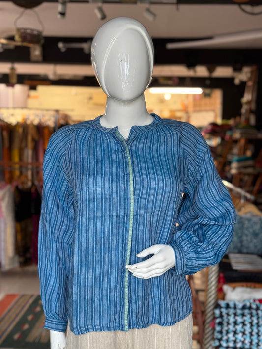 Indigo stripes linen hand woven shirt top with round neck and raglan long sleeves