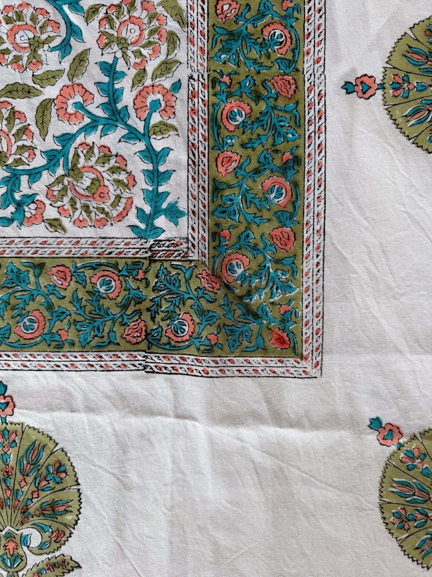 Green, peach, turquoise floral 6 seater table cover in hand block printed cotton