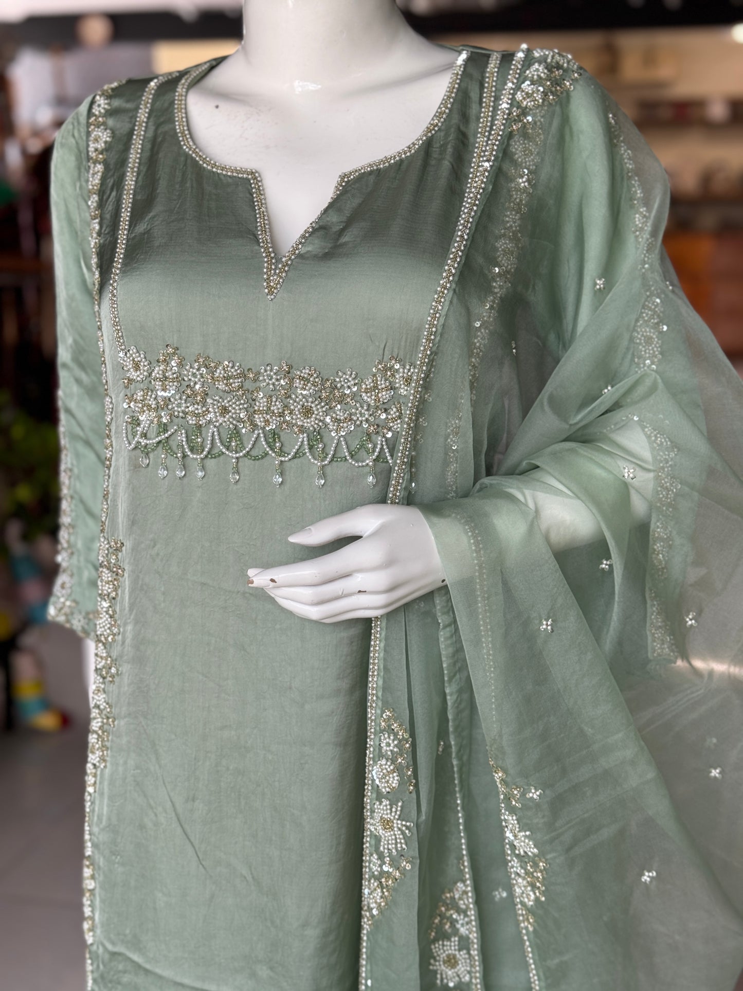 Pastel green magic - hand embroidered long satin georgette kurti, cotton silk pants, organza dupatta - 3 piece set