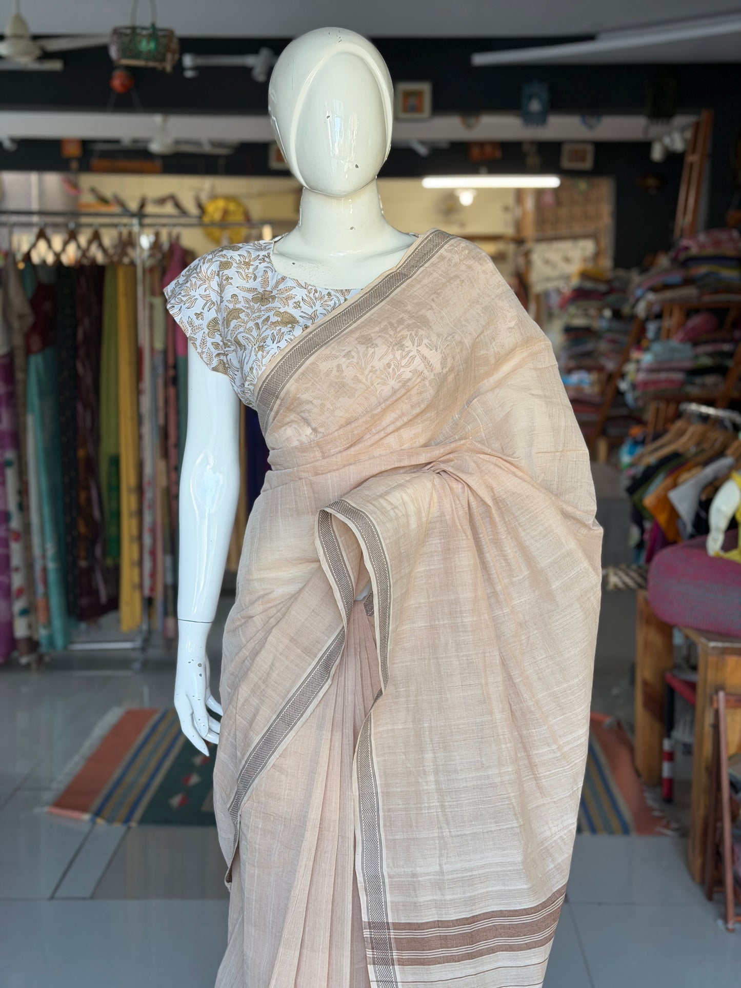 White and brown hand block printed cotton short top / blouse