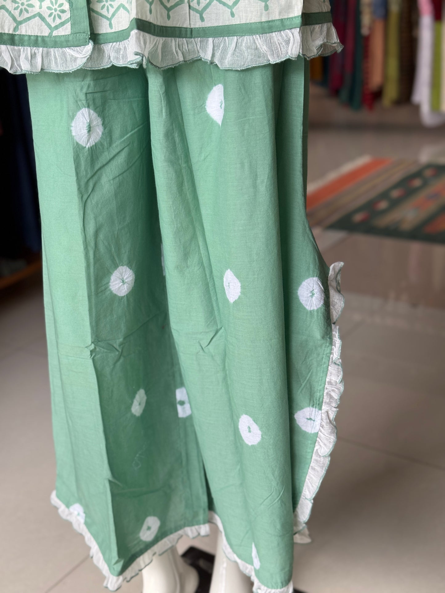 White n sea green hand block printed cotton top, stylish flared pants - 2 piece set