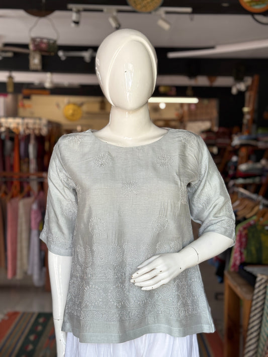 Grey chikankari hand embroidered raw silk short kurta
