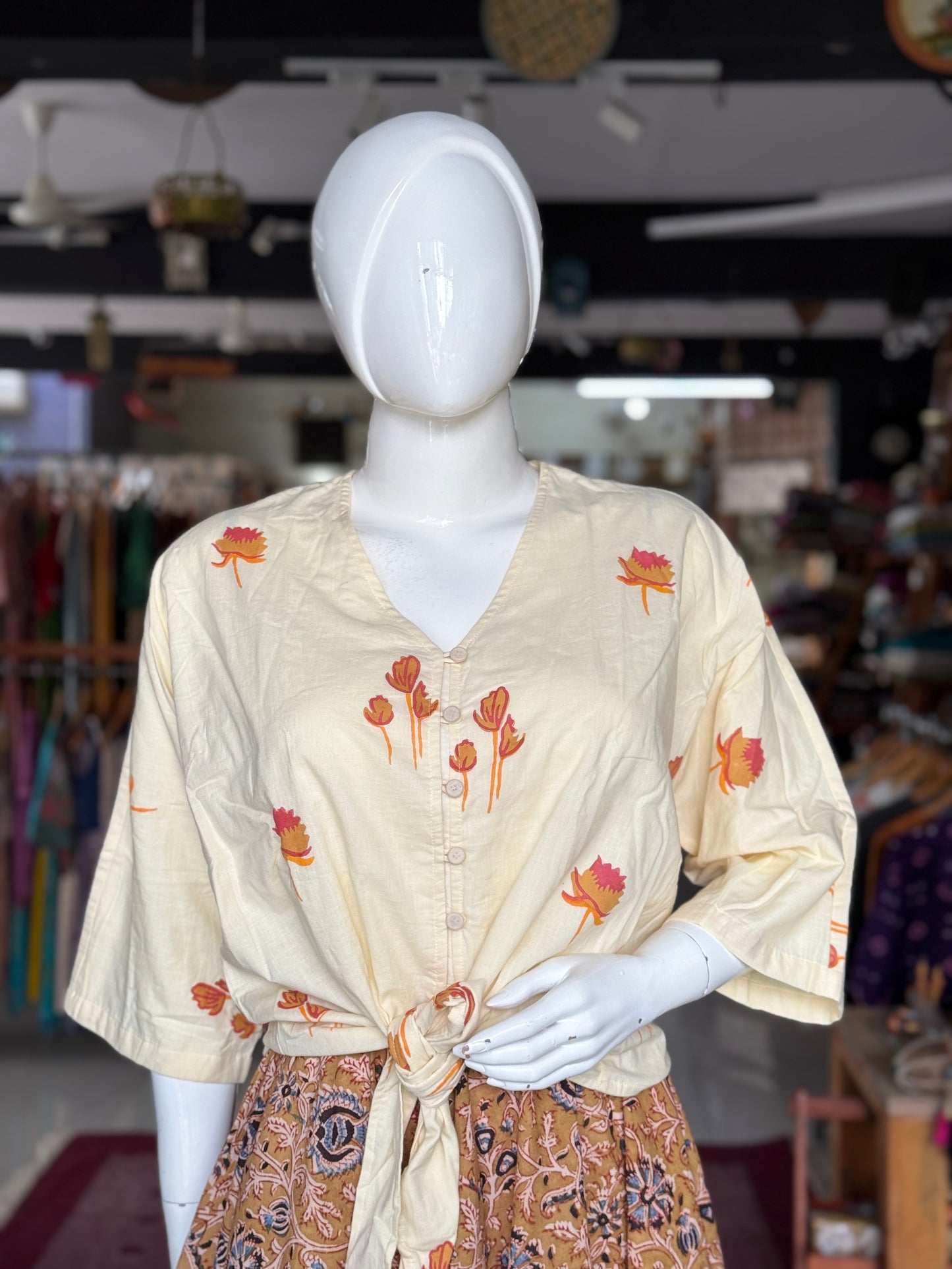 Cream hand block printed V neck knotted shirt