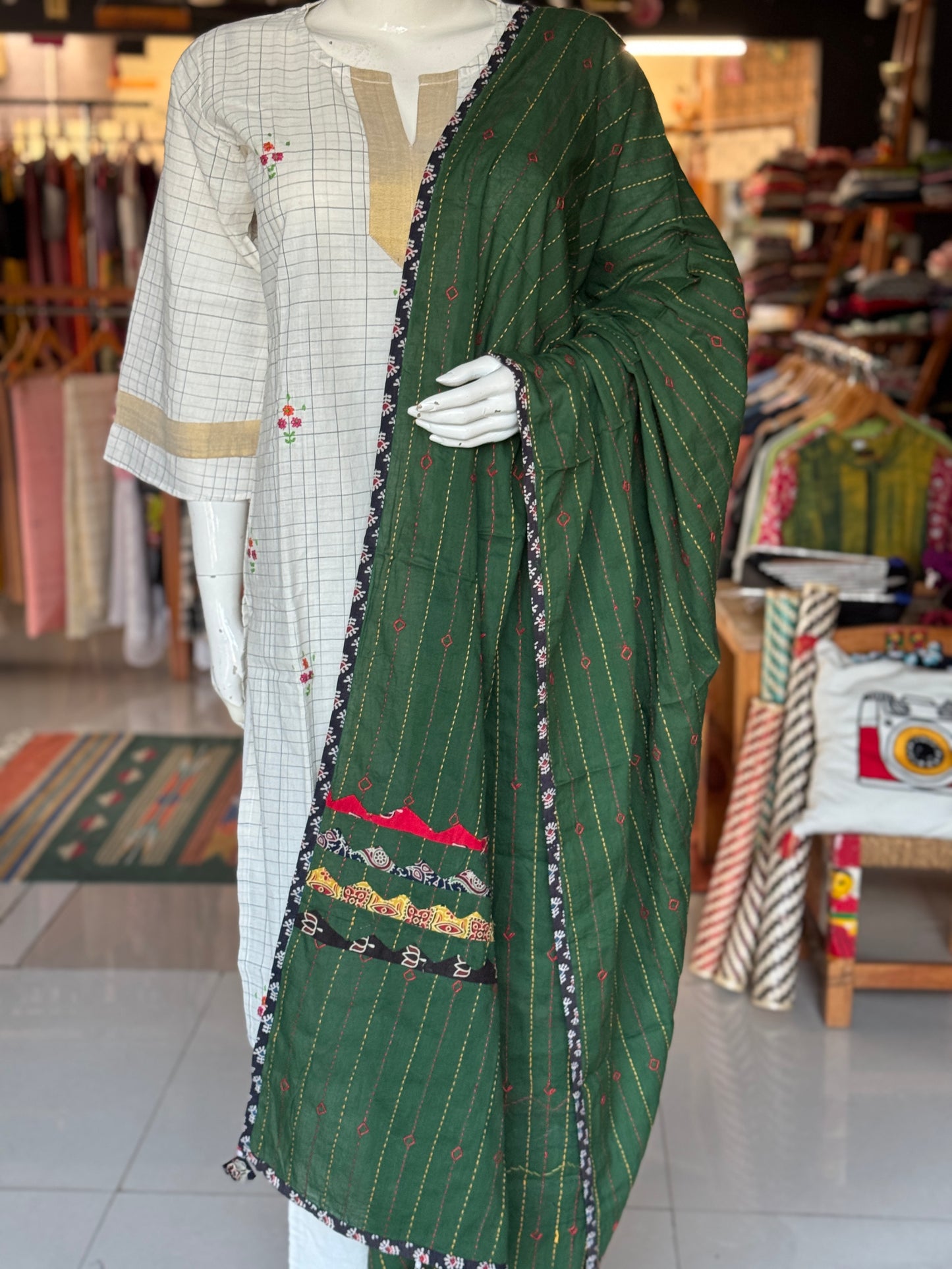 Appliq n hand embroidered mirror work cotton dupatta - click to see multiple designs
