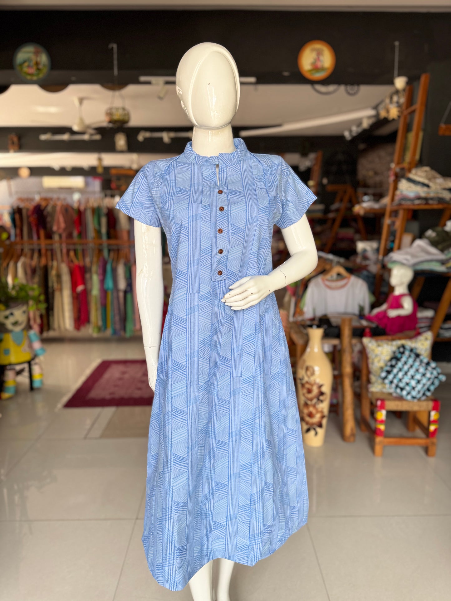 Blue geometric print cotton hand block printed dress with fancy placket