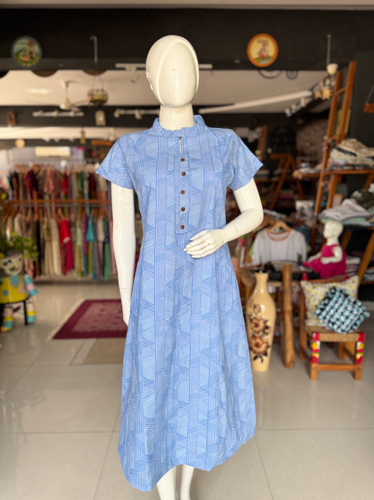 Blue geometric print cotton hand block printed dress with fancy placket