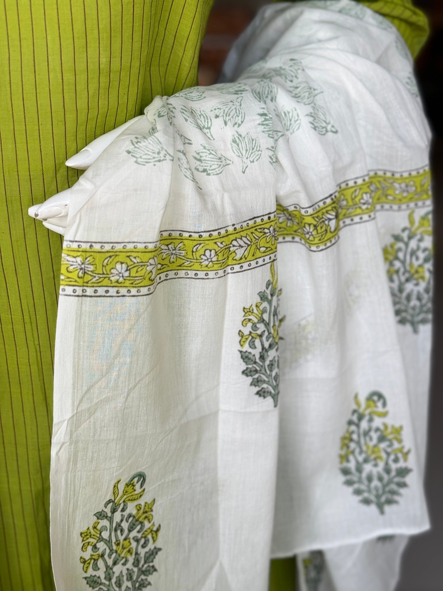 White and green soft cotton hand block printed dupatta