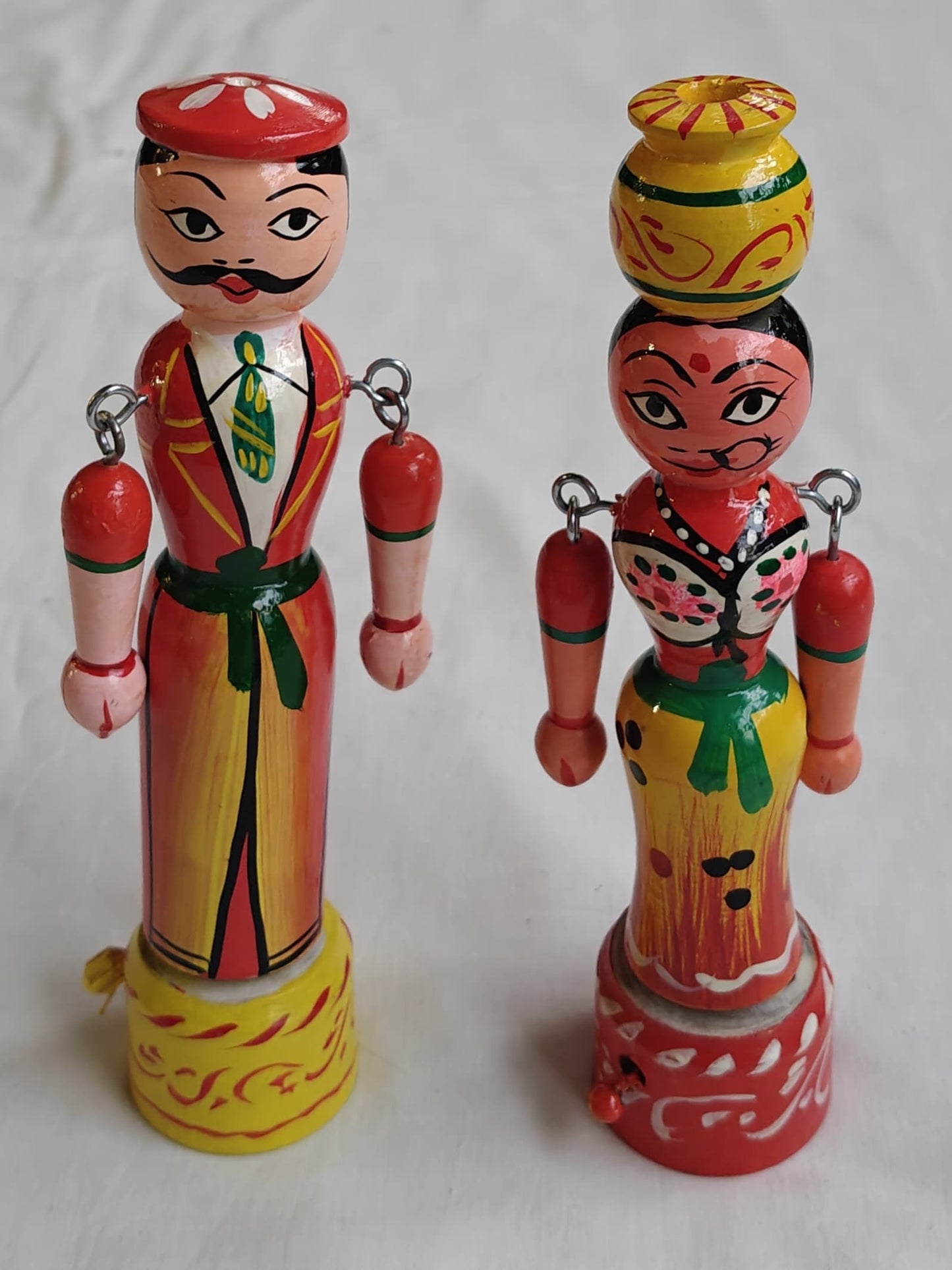 Pull out dancing dolls couple - Colourful handmade wooden hand painted set of male and female rotating doll